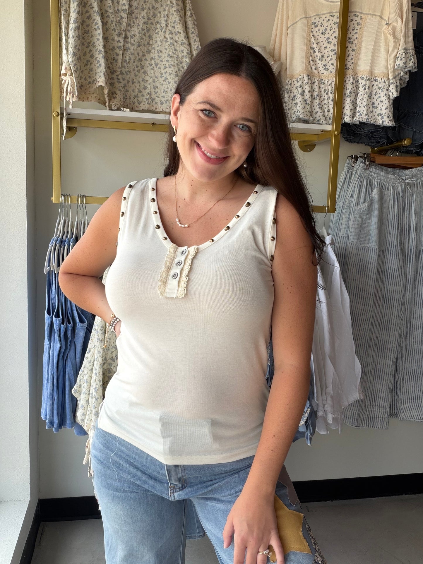 Cream Stud Accent Knit Tank