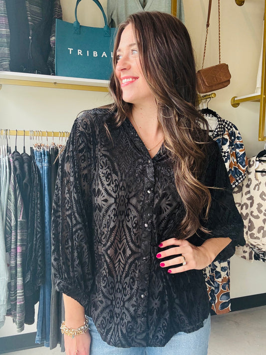 Black Burnout Button Top