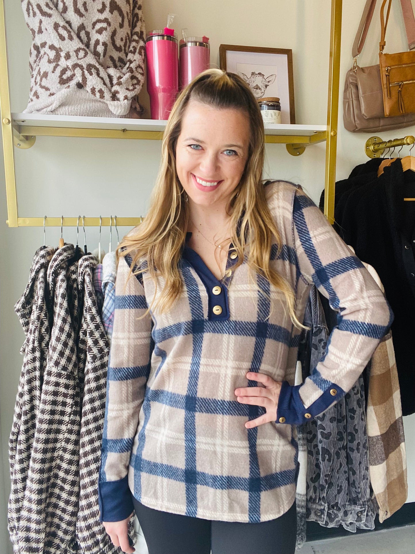 Brushed Navy & Plaid V Neck