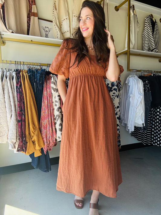 Rust Pin Stripe Midi Dress