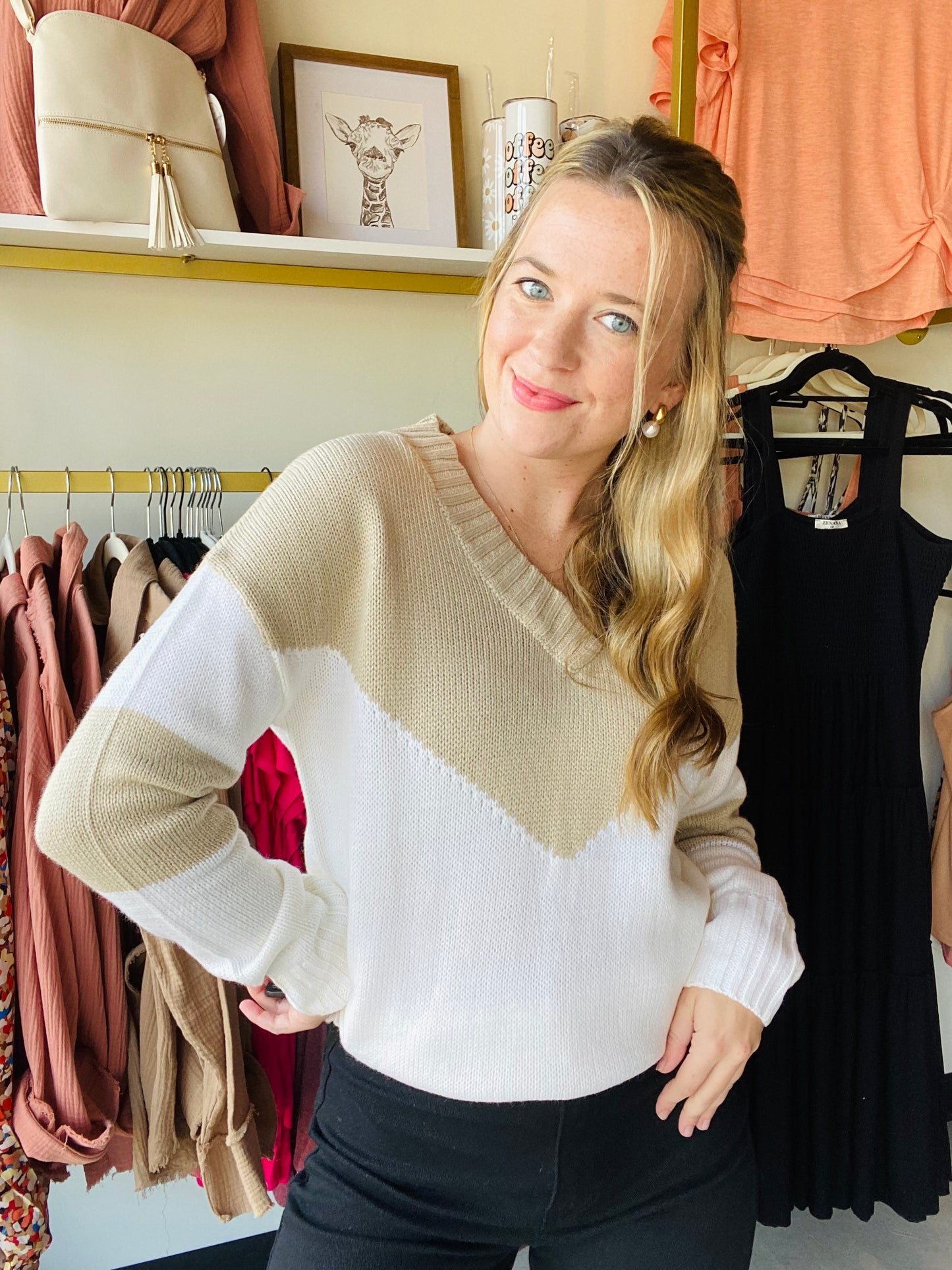 Khaki V Neck Block Sweater