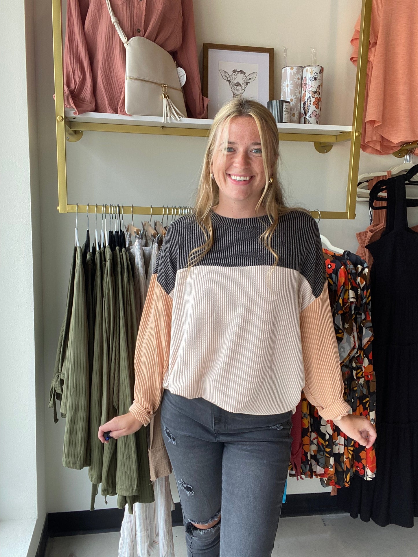Charcoal and Peach Ribbed Longsleeve