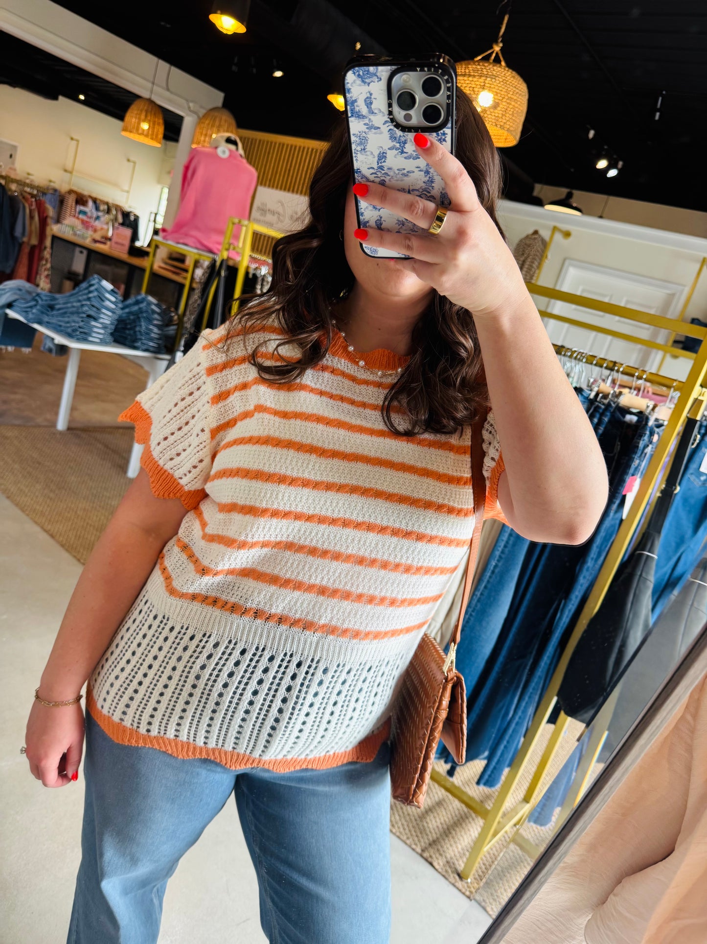 Orange Crochet Scallop Hem Top