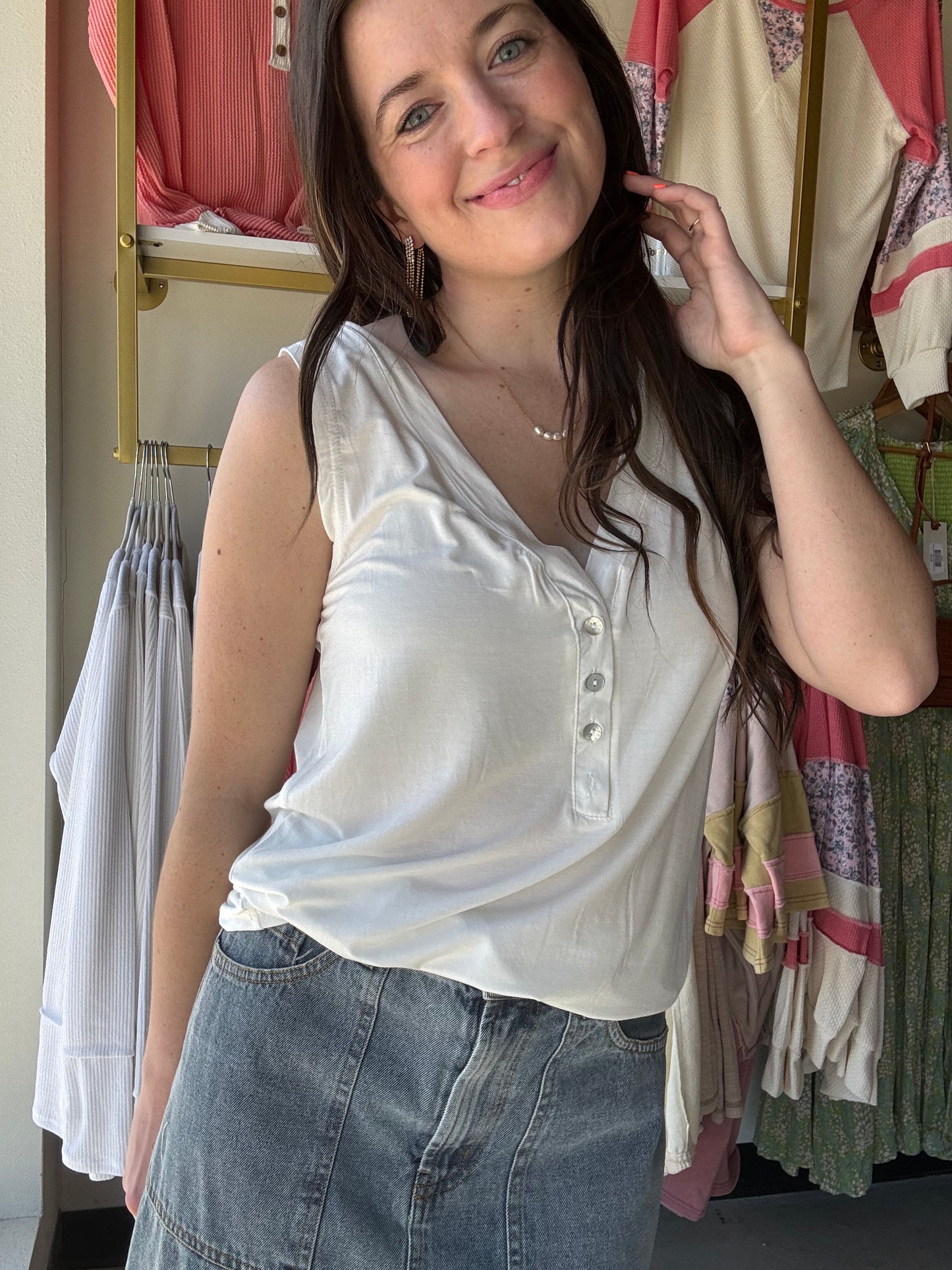Ivory V Neck Button Tank