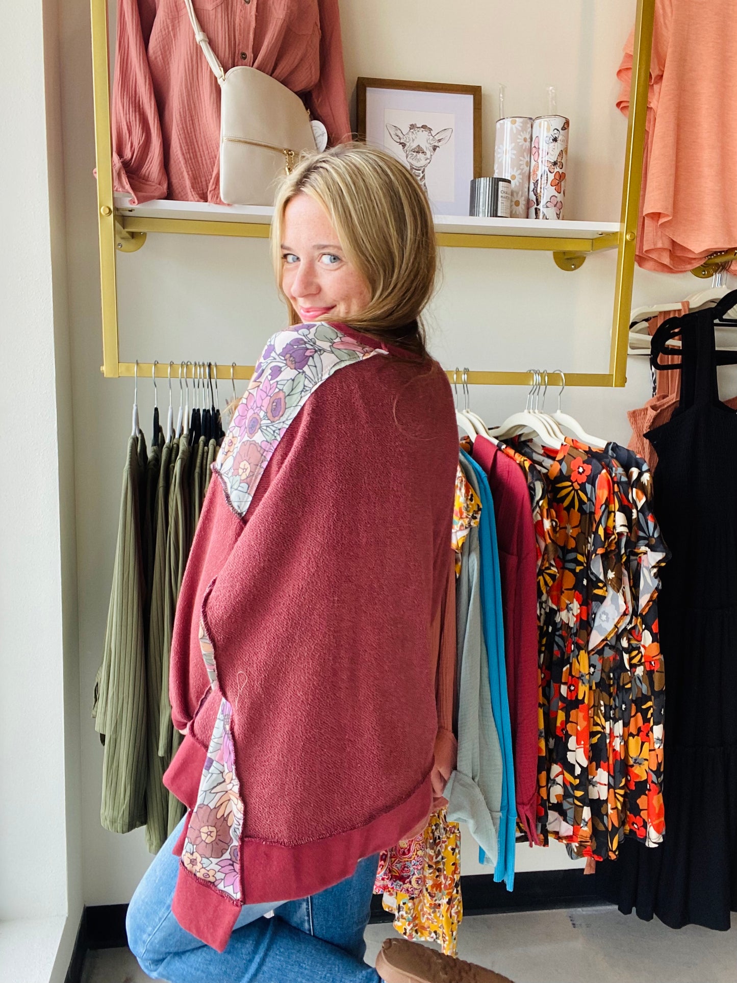 Burgundy Combo Reversed Terry Top