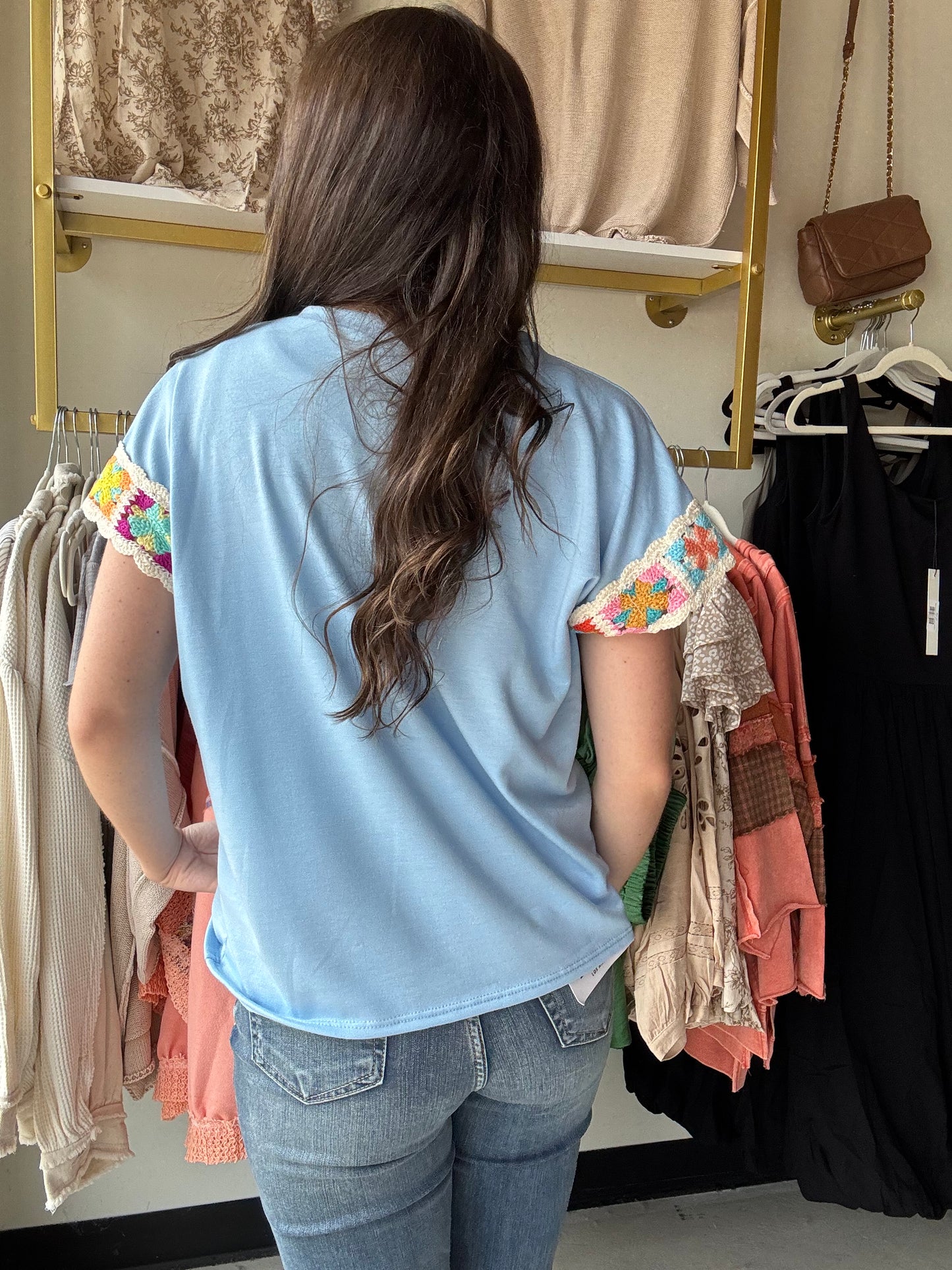 Light Blue Embroidered Sleeve Top