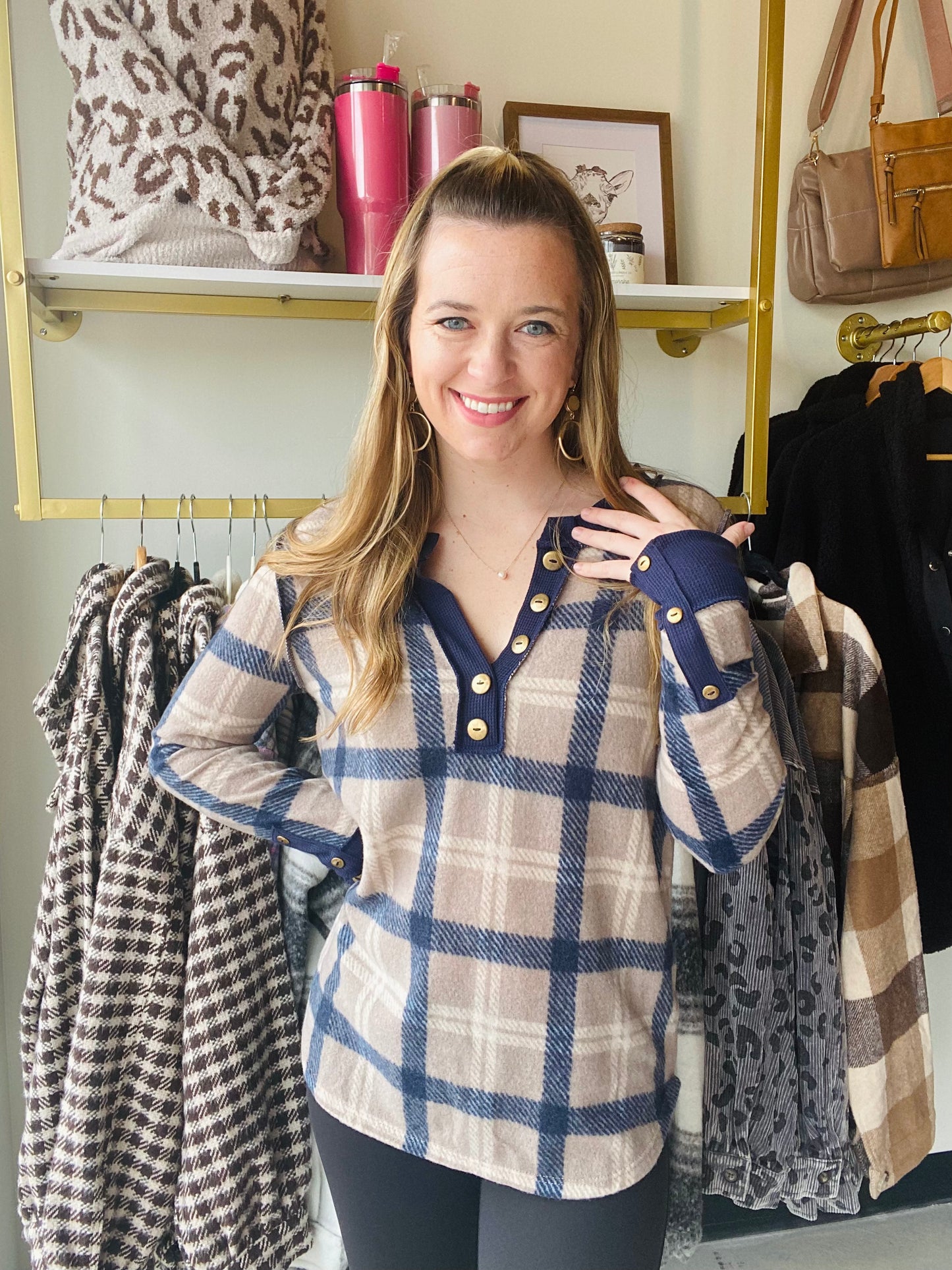 Brushed Navy & Plaid V Neck