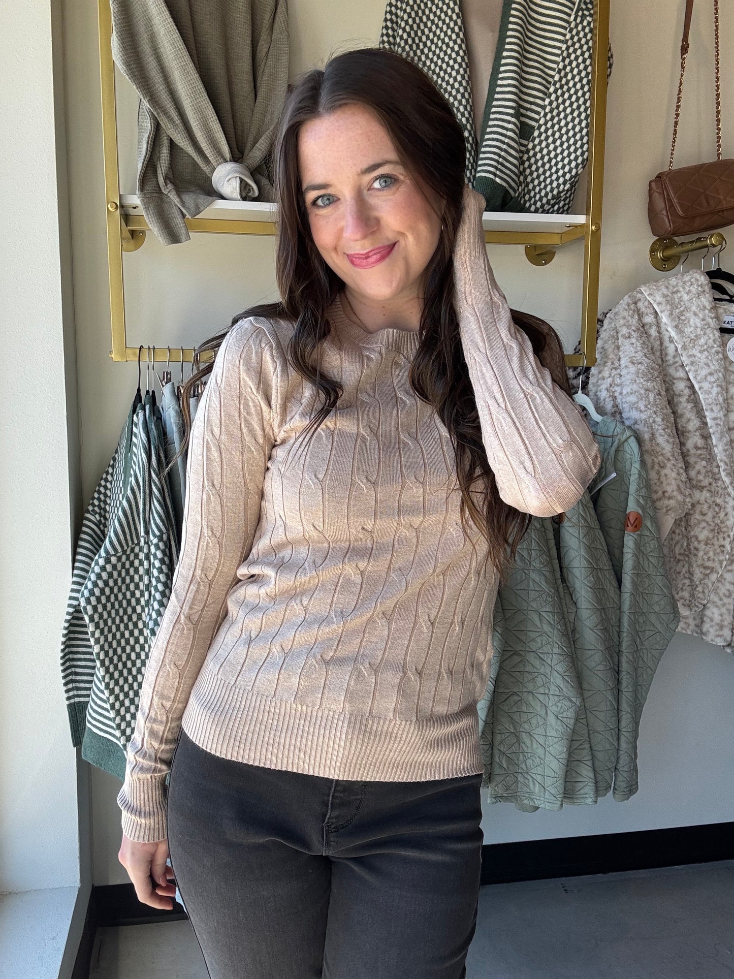 Khaki Cable Knit Crewneck