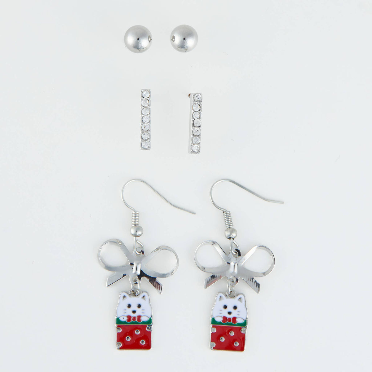 Holiday Christmas Silver Kitty Gift Earring Trio