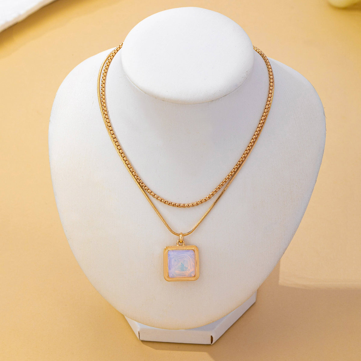 Layered Square Opal Pendant Necklace