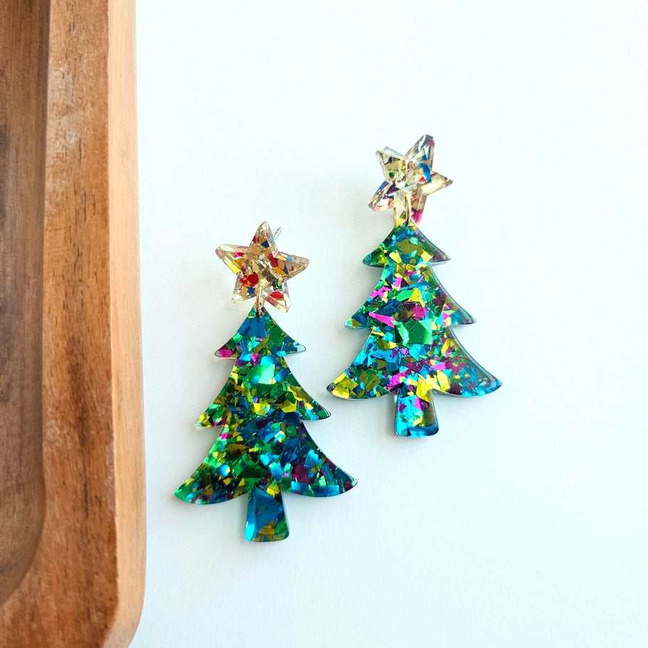 Green Sparkle Christmas Tree Earrings