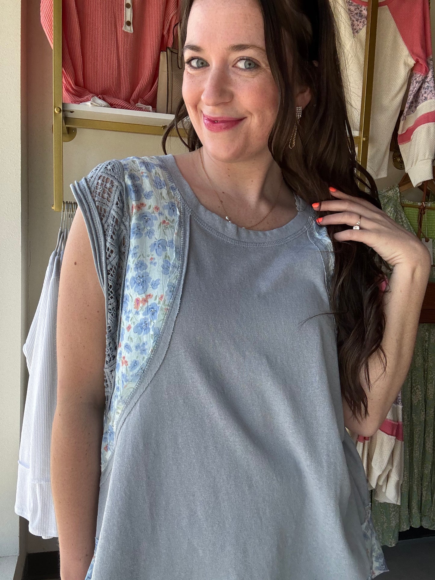 Lace Trim Pointed Floral Top