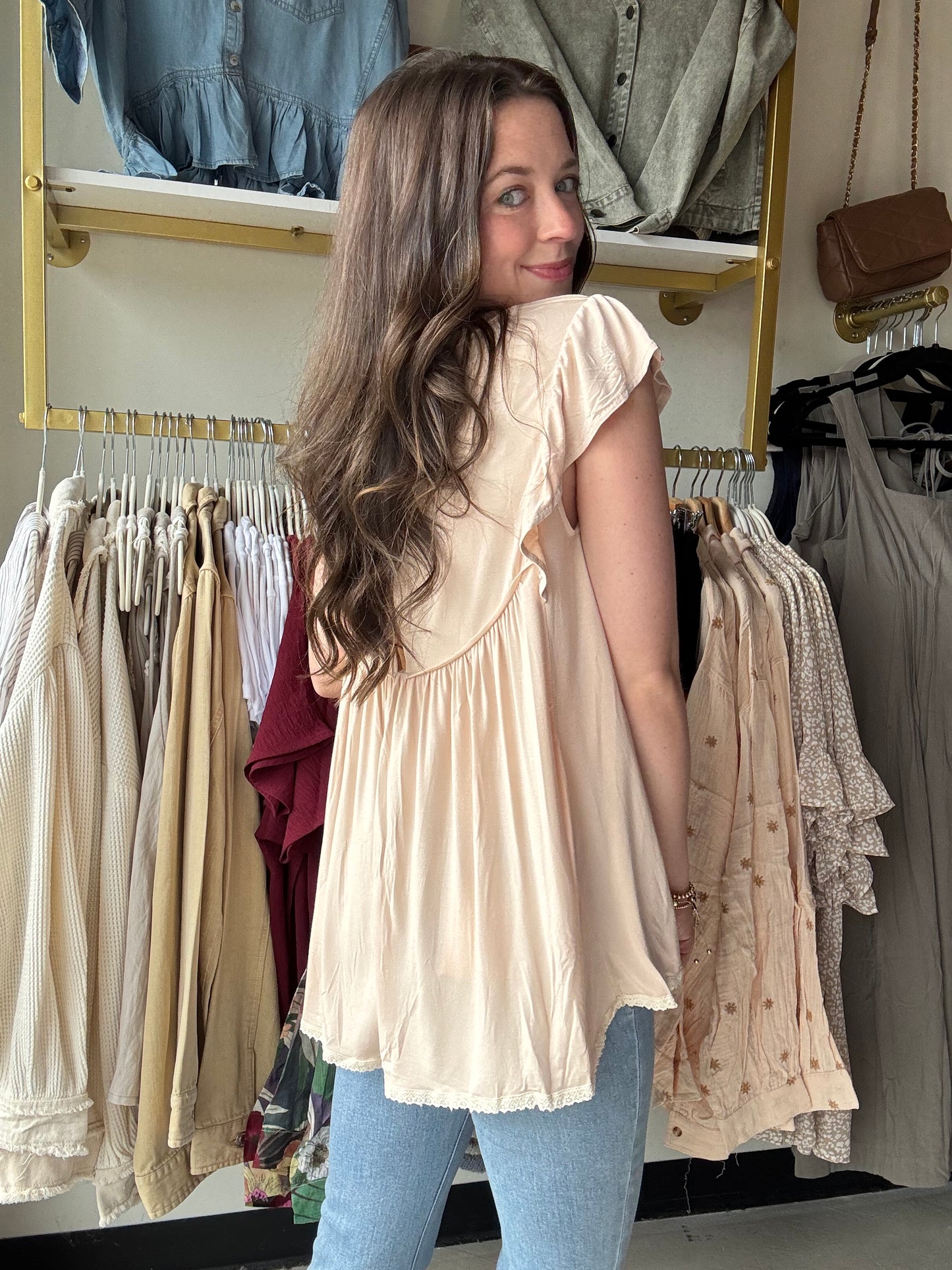 Almond Trim Shirring Top