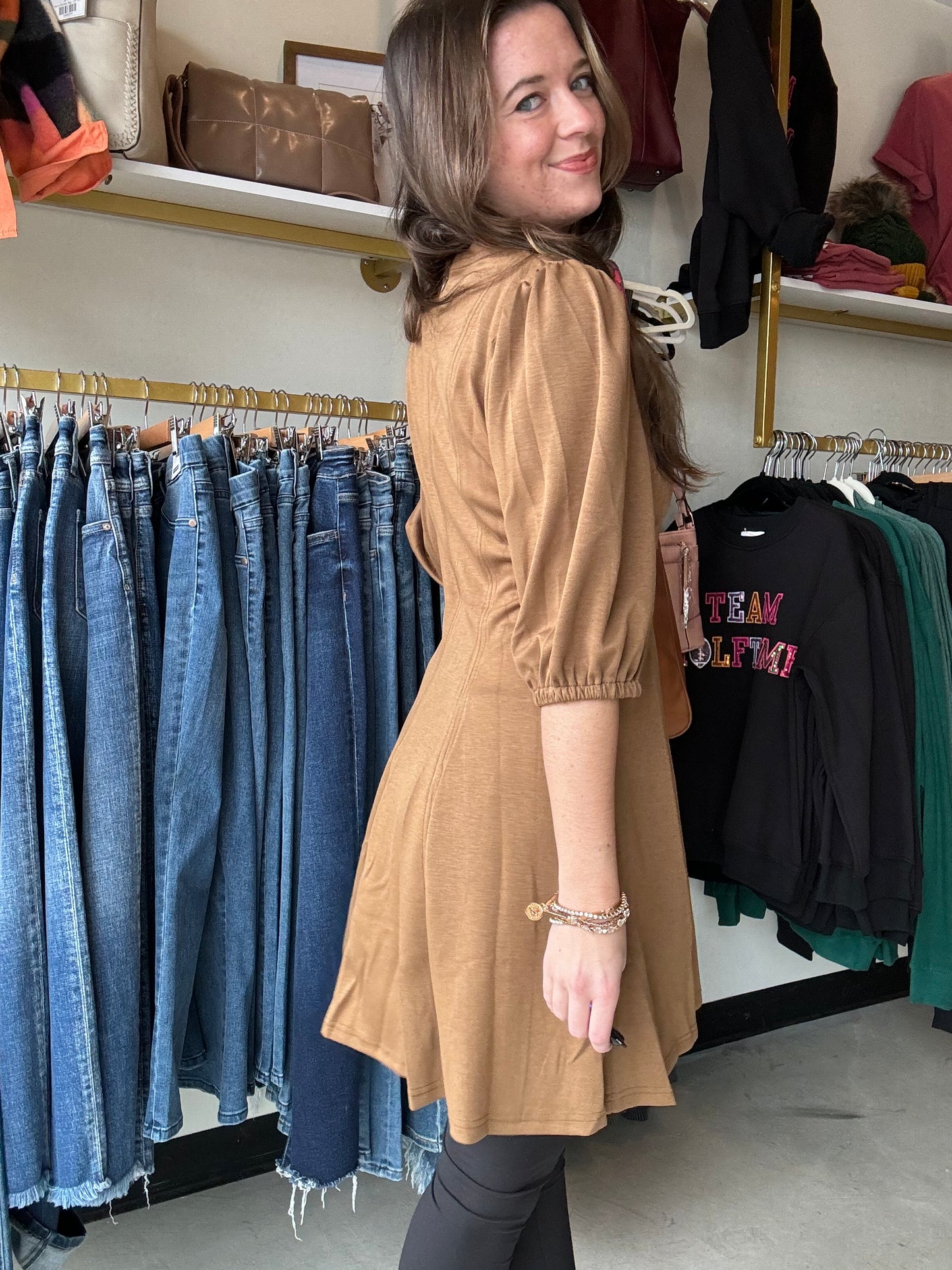 Camel Half Sleeve Flared Dress