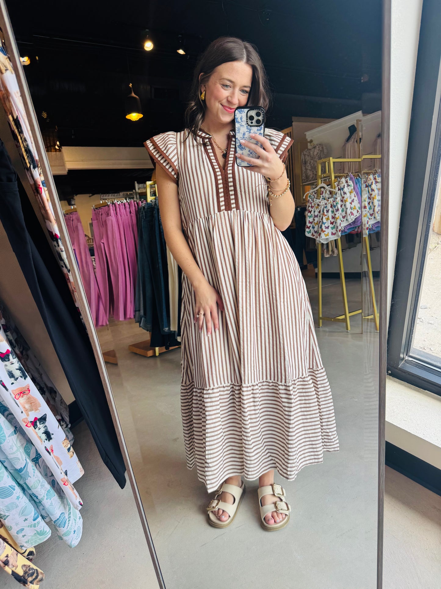 Brown Cap Sleeve Striped Dress
