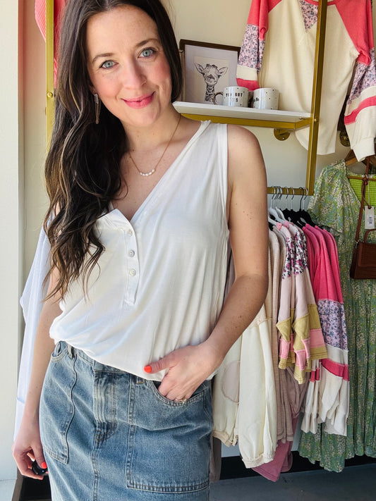 Ivory V Neck Button Tank