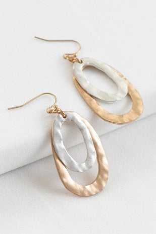 Gold & Silver Hammered Metal Oval Drop Earrings