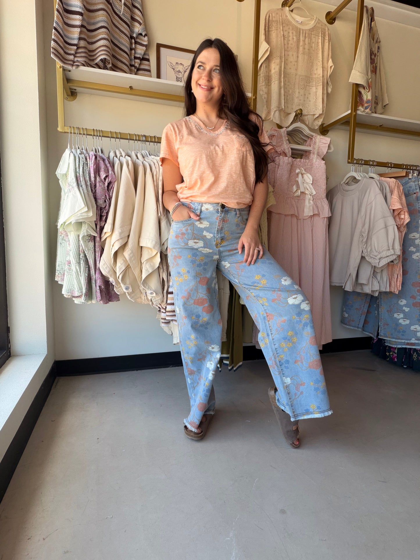 Coral Peach Slub V Neck Tee