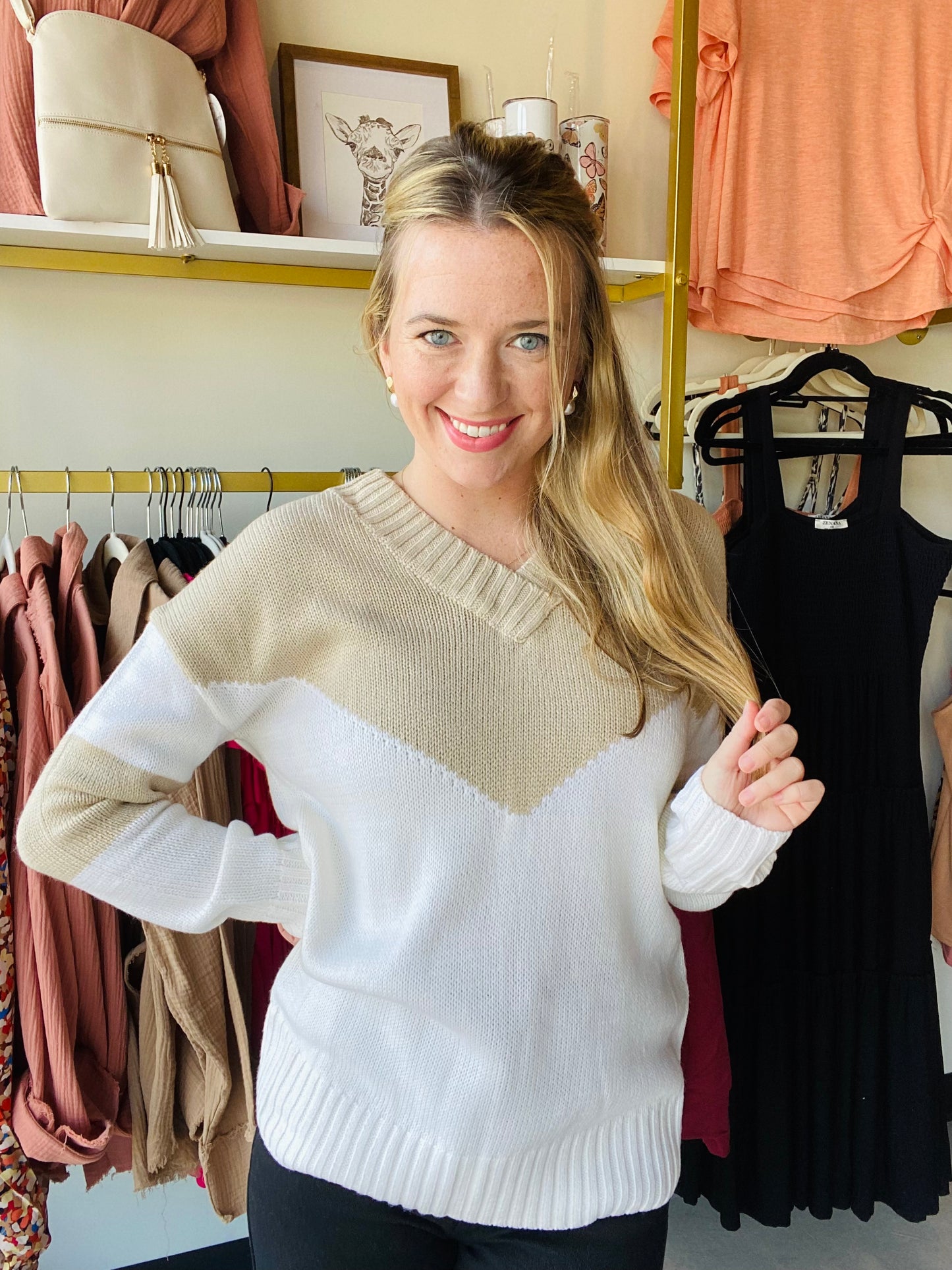 Khaki V Neck Block Sweater