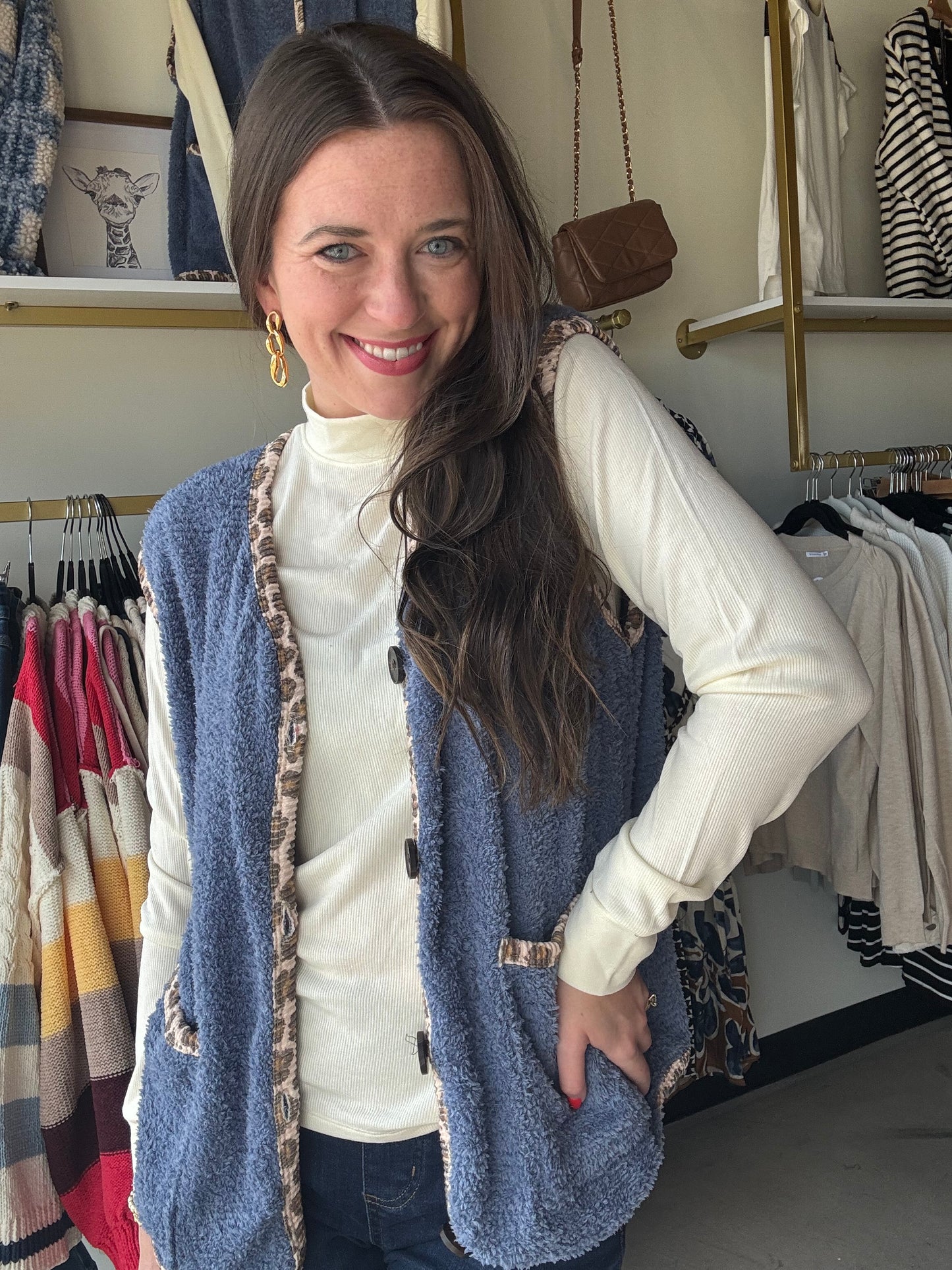 Blue Leopard Trim Sherpa Vest