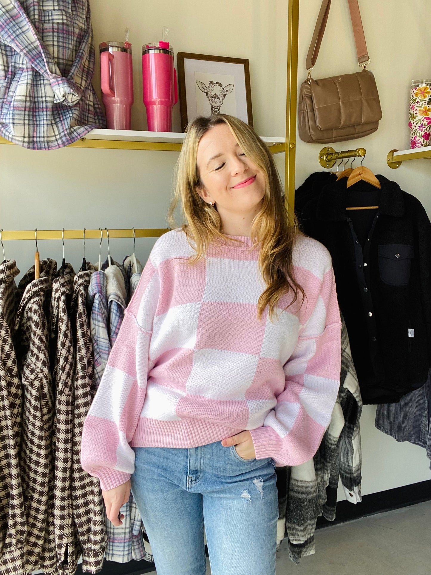 Pink Checkered Bishop Sweater