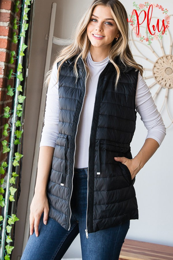 Black Hooded Puffer Vest - Plus