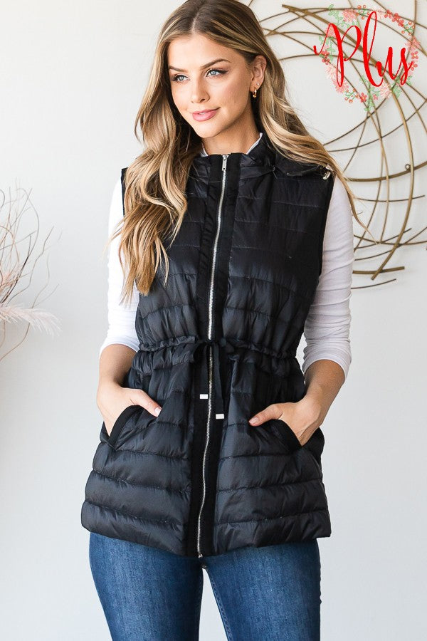 Black Hooded Puffer Vest - Plus