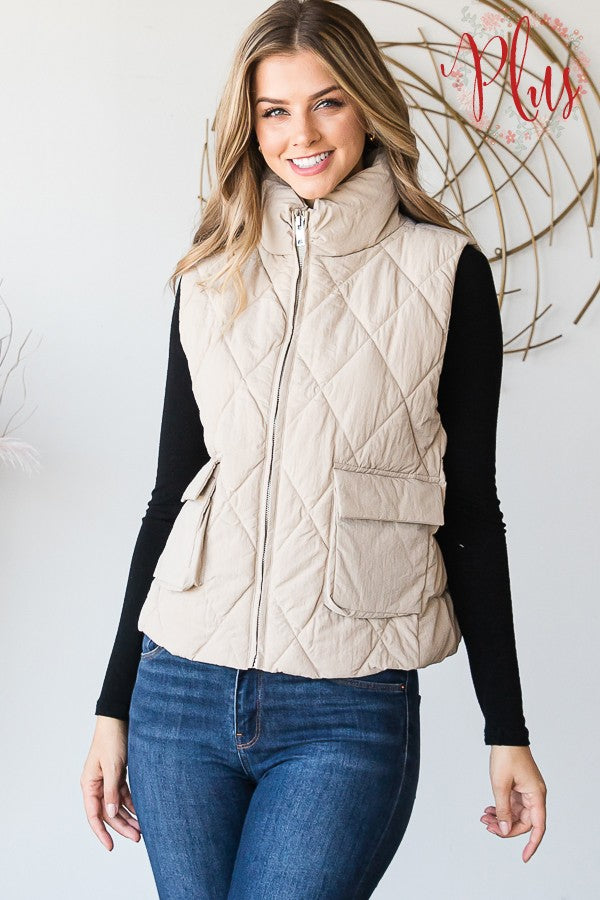 Taupe Quilted Puffer Vest - Plus