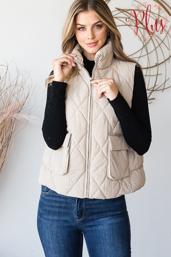 Taupe Quilted Puffer Vest - Plus