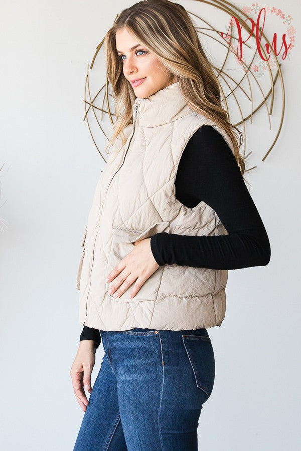 Taupe Quilted Puffer Vest - Plus