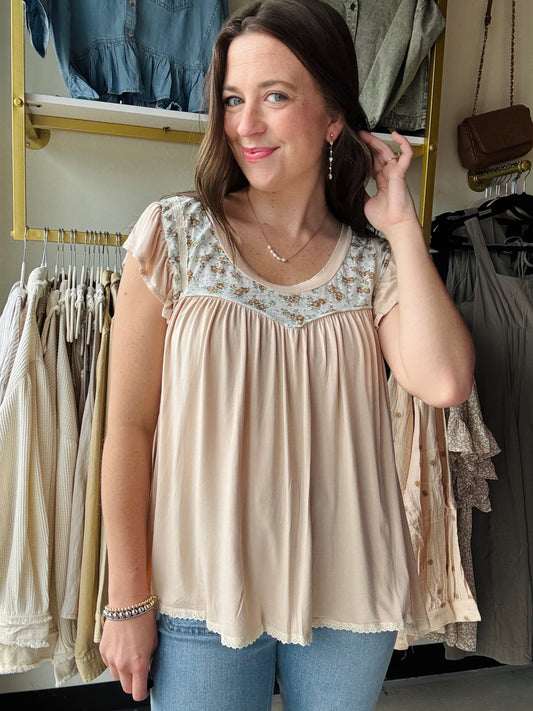 Almond Trim Shirring Top