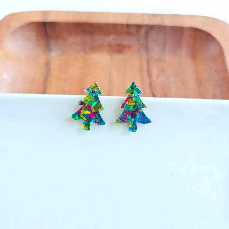 Green Sparkle Christmas Tree Studs