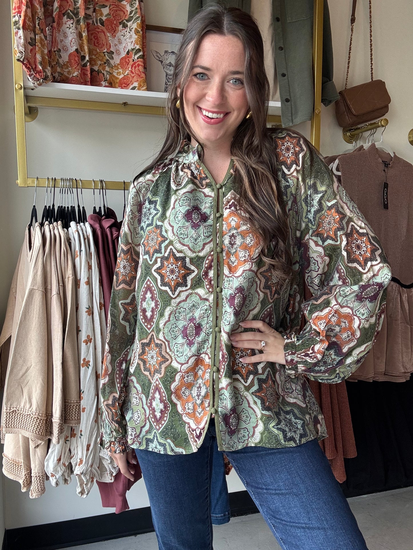 Boho Mosaic Button Down Blouse