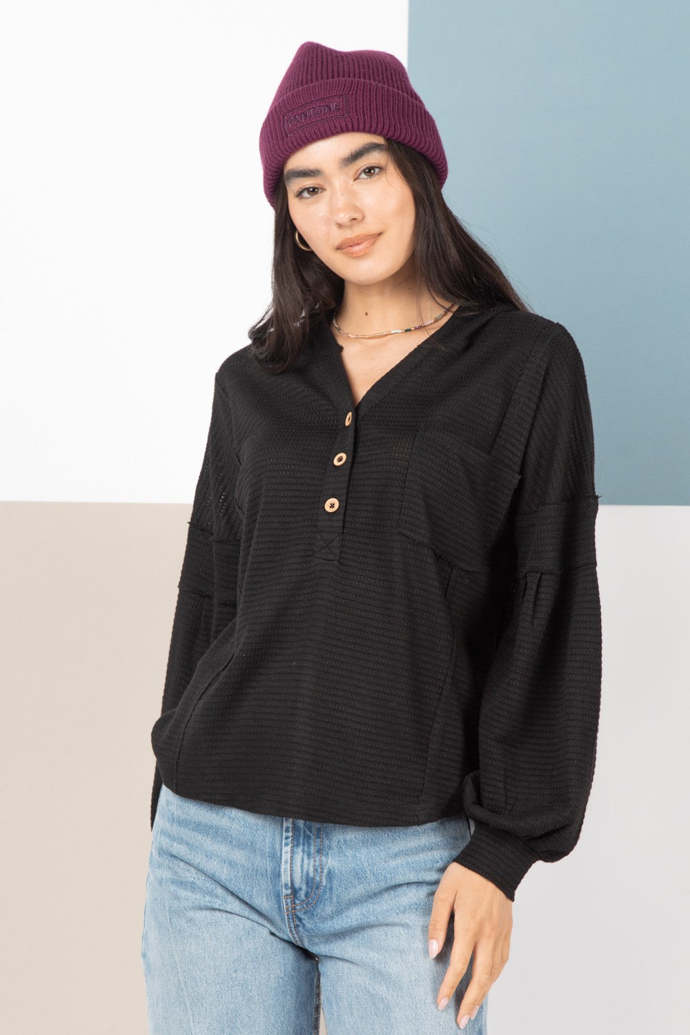 Black Hooded Henley Hoodie