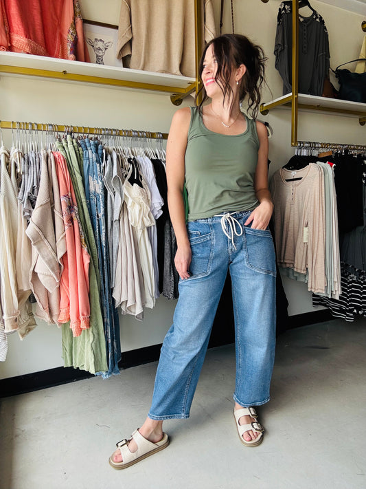 Kate Drawstring Barrel Leg Denim - Vervet