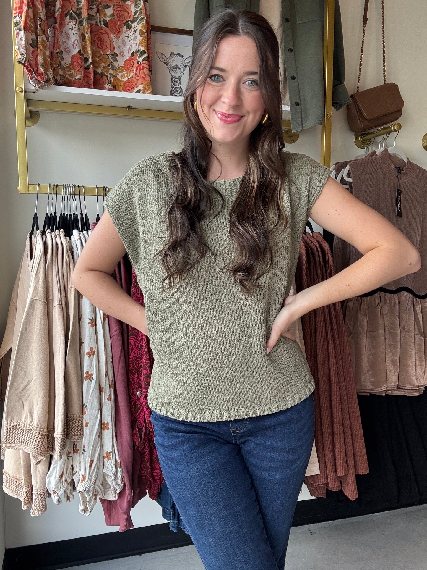 Olive Wide Neck Sleeveless Sweater