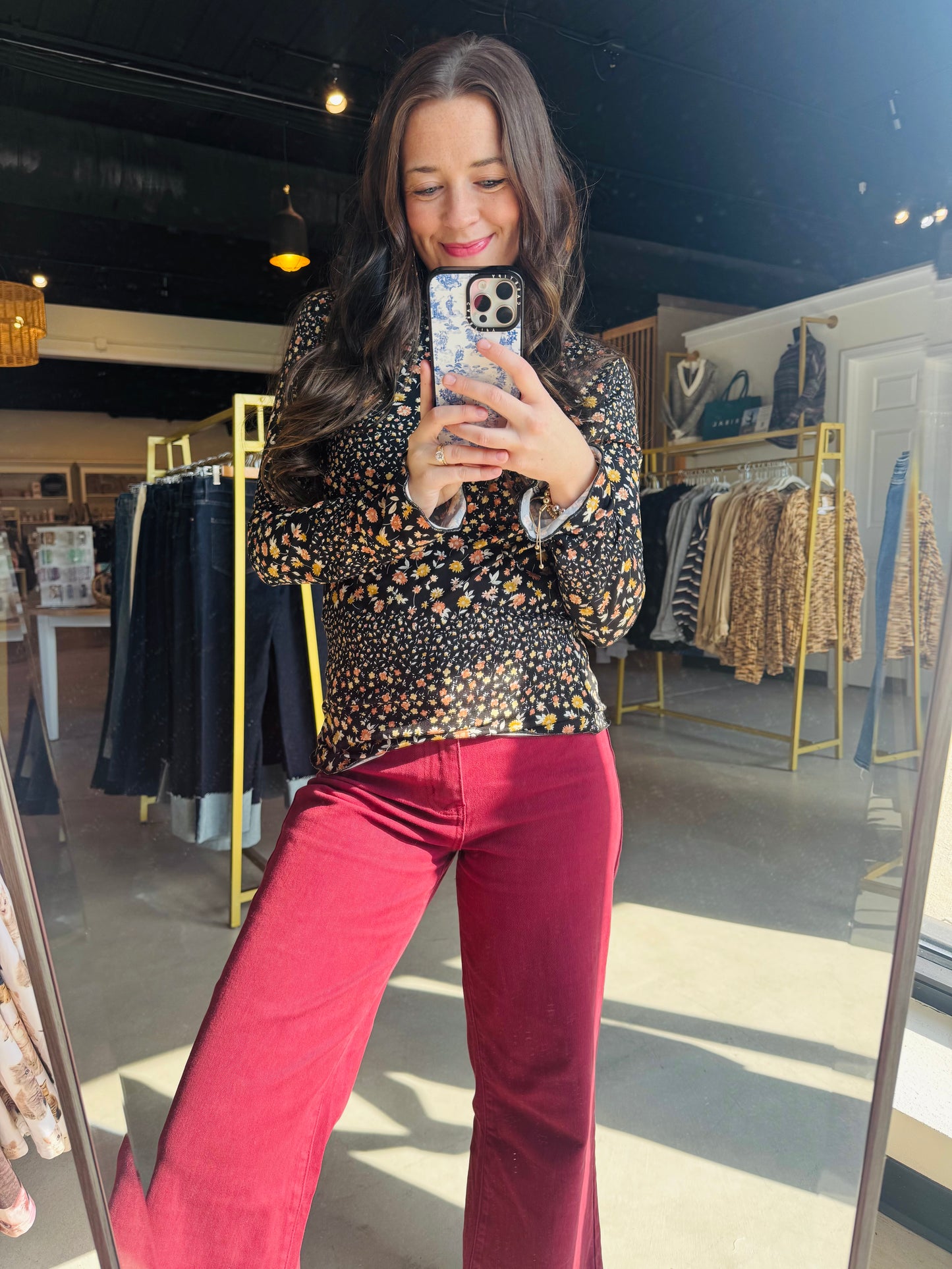 Black Mock Neck Floral Top