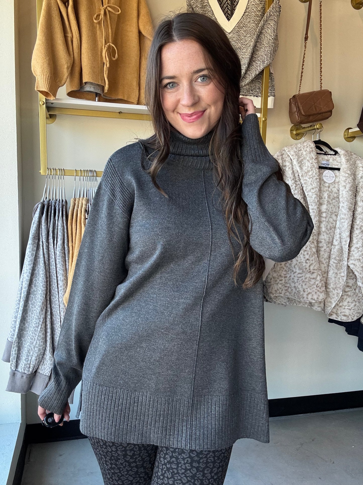 Drop Shoulder Charcoal Turtleneck