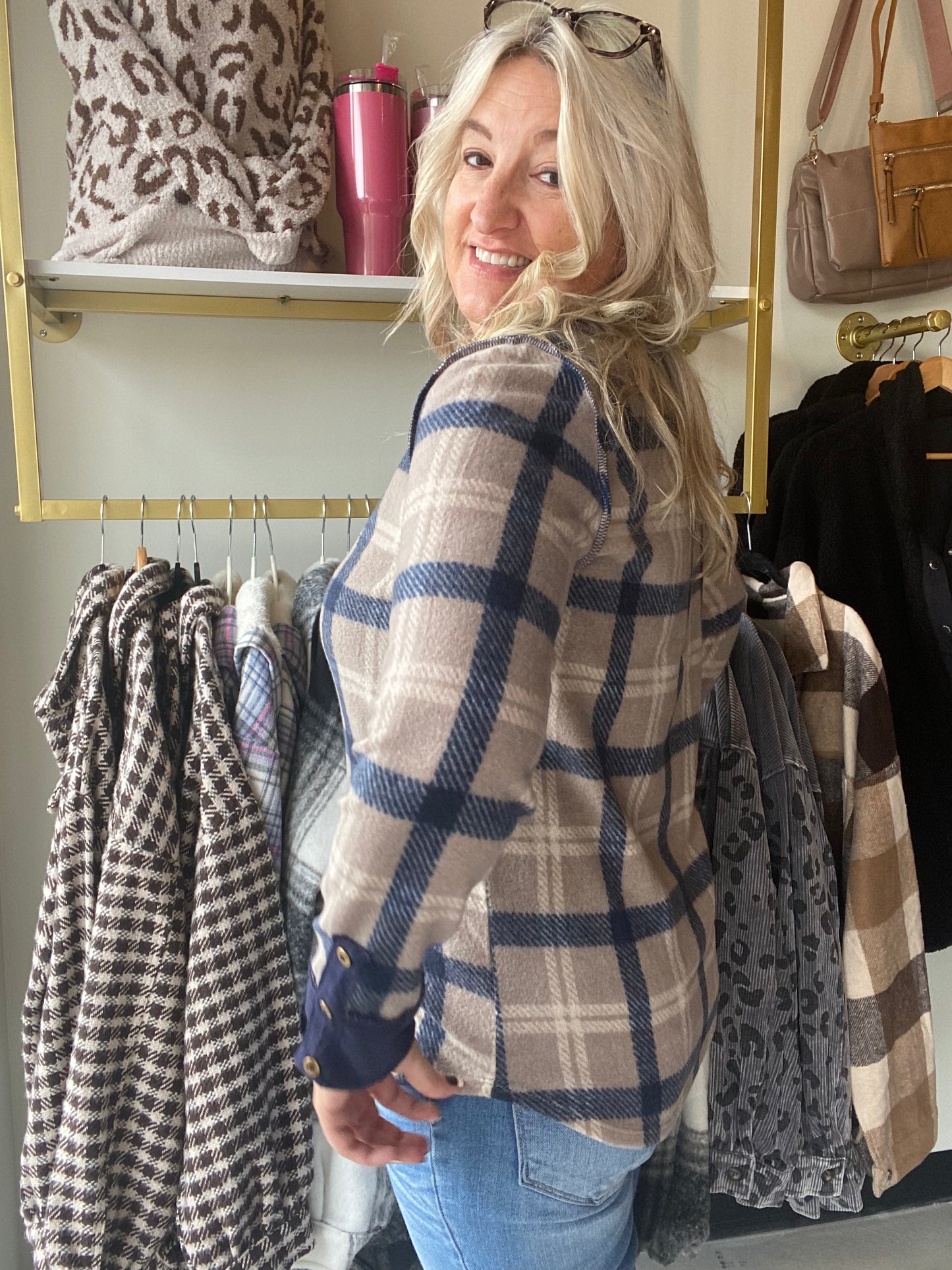 Brushed Navy & Plaid V Neck