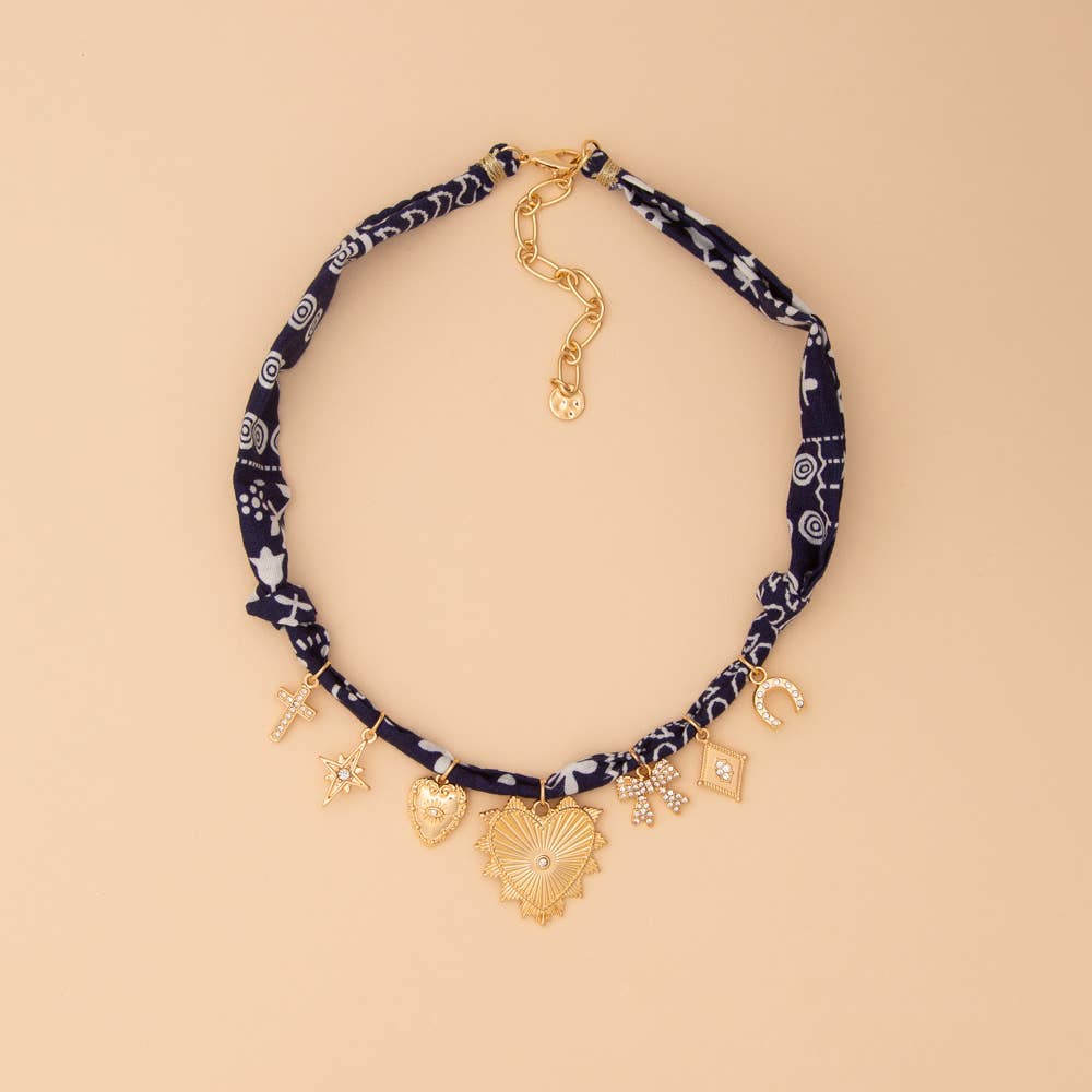 Bandana Necklace with Gold Heart and Trinkets