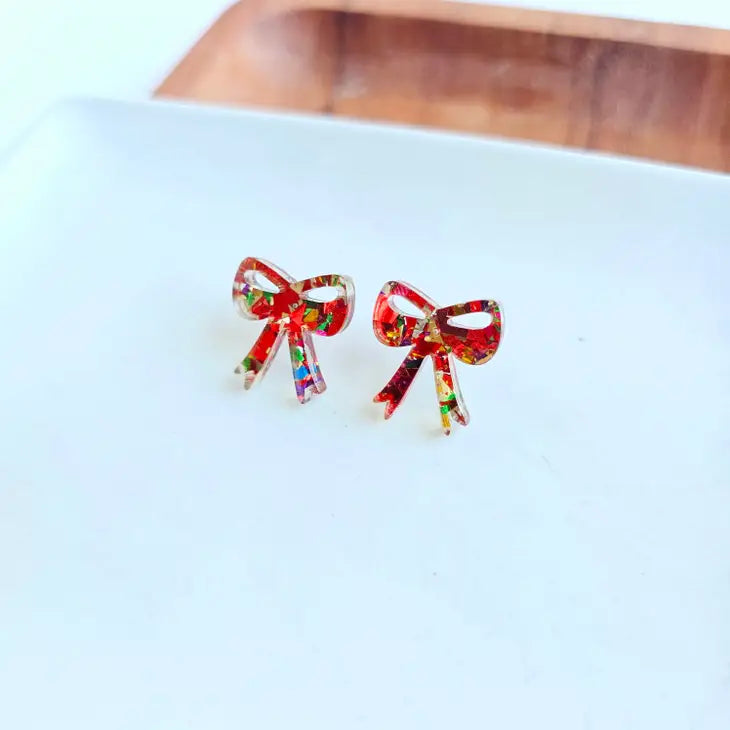 Red Sparkle Bow Studs