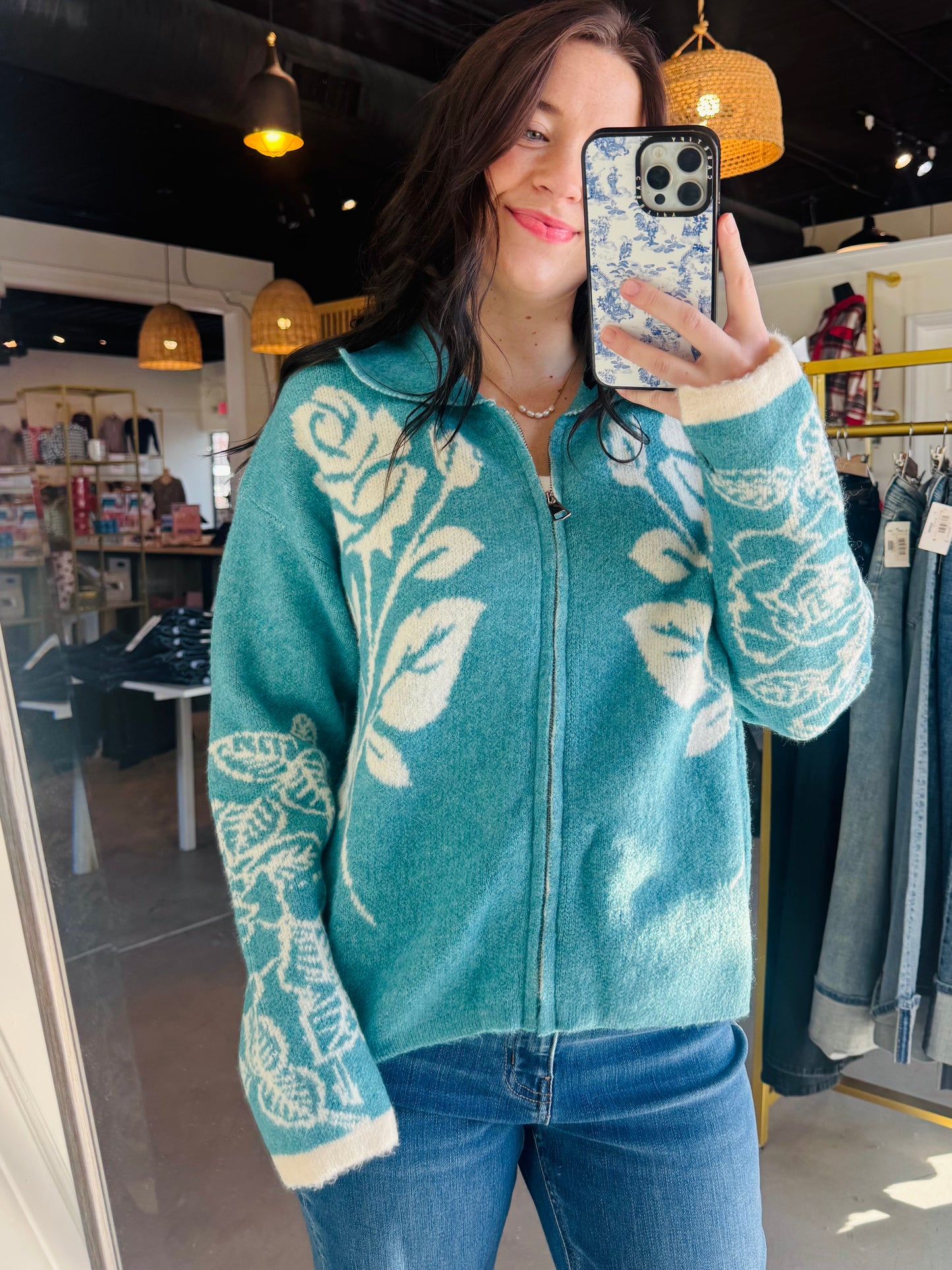 Teal Artwork Zip Cardigan