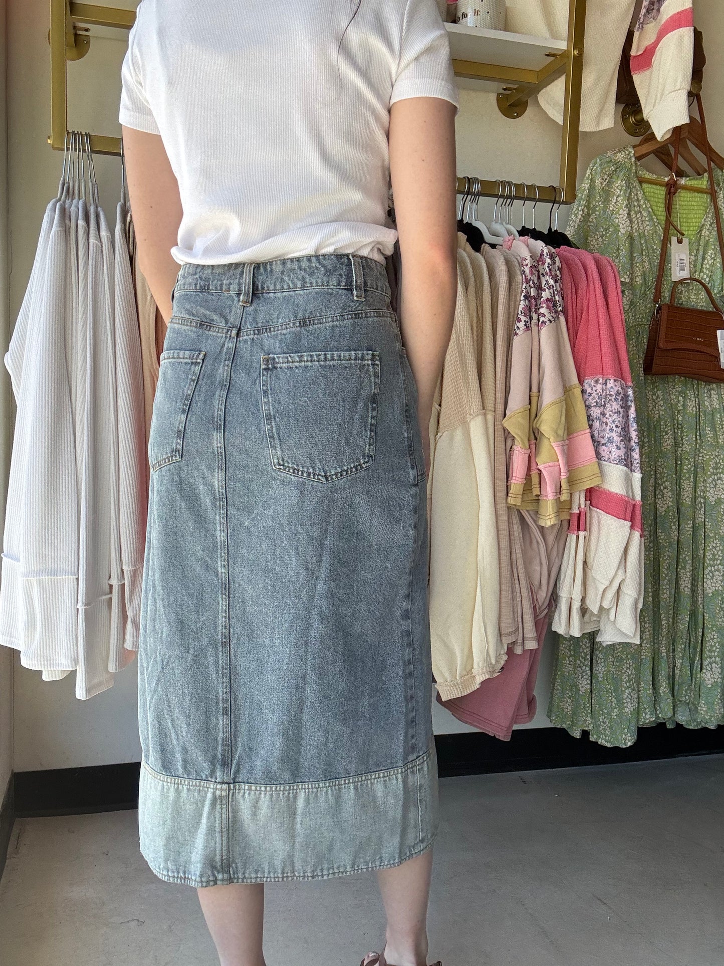 Midi Denim Front Slit Skirt