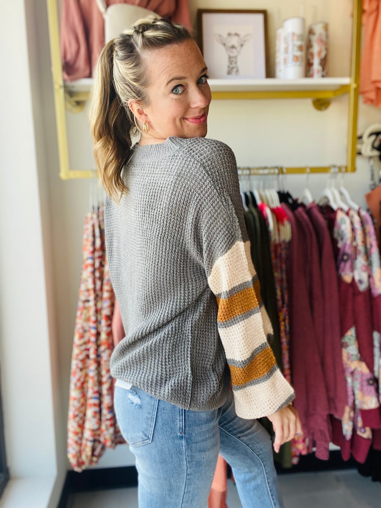 Grey and Mustard Raglan Sleeve Sweater