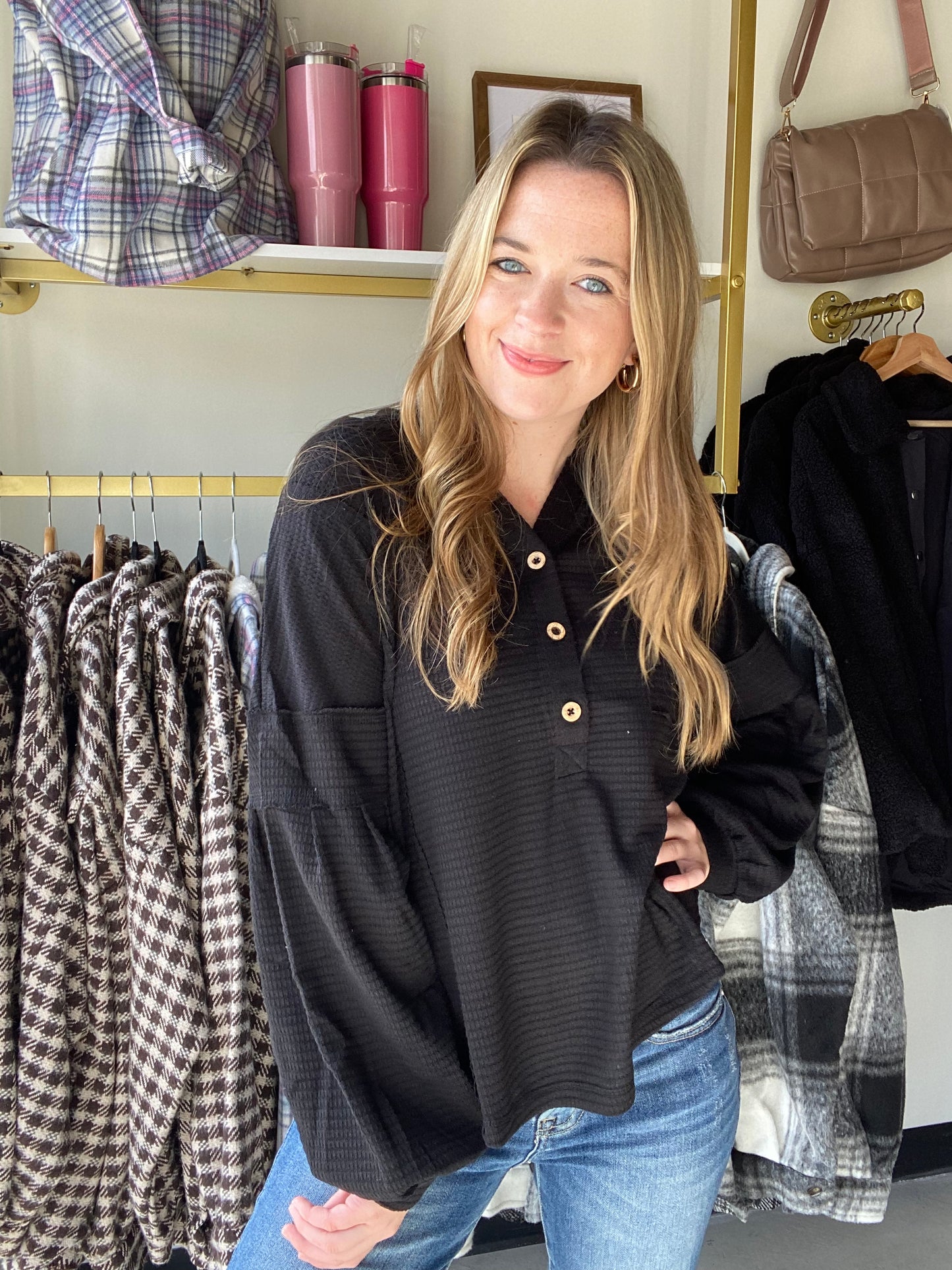 Black Hooded Henley Hoodie