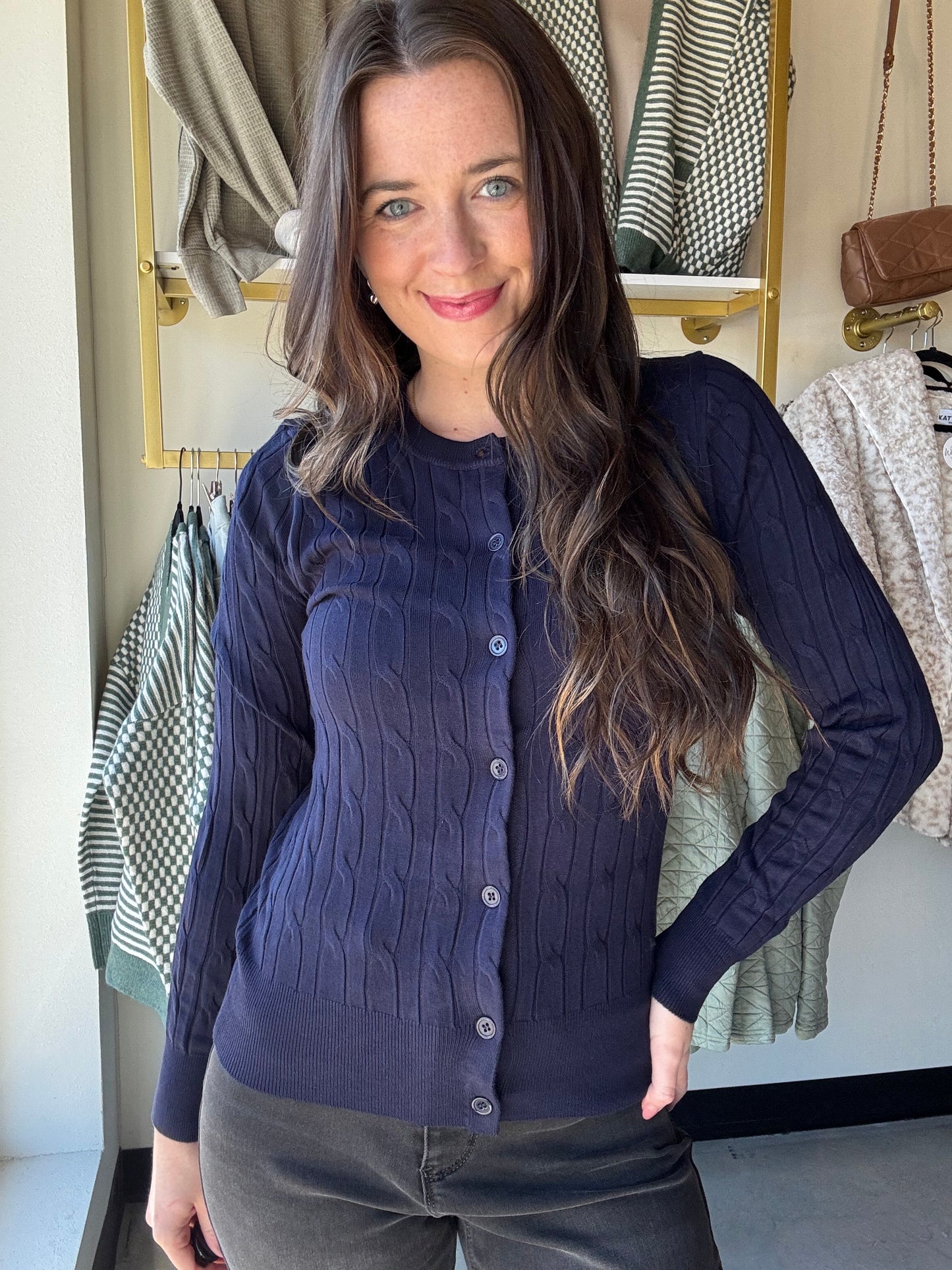 Navy Button Up Cable Knit Cardigan