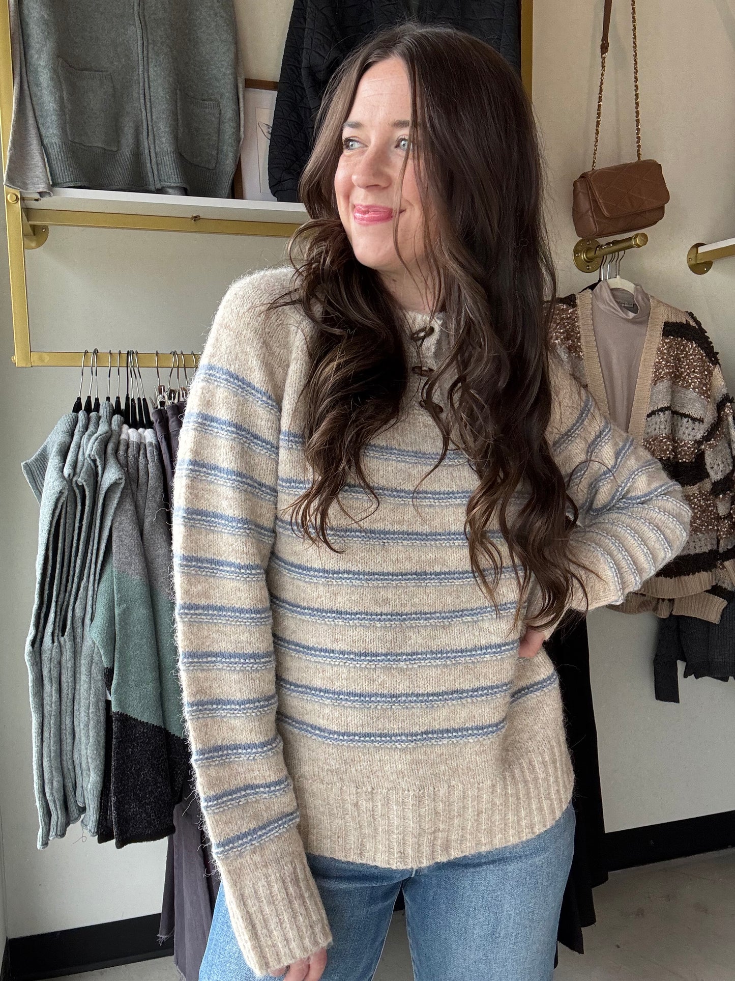 Oatmeal & Blue Pin-Tuck Sweater