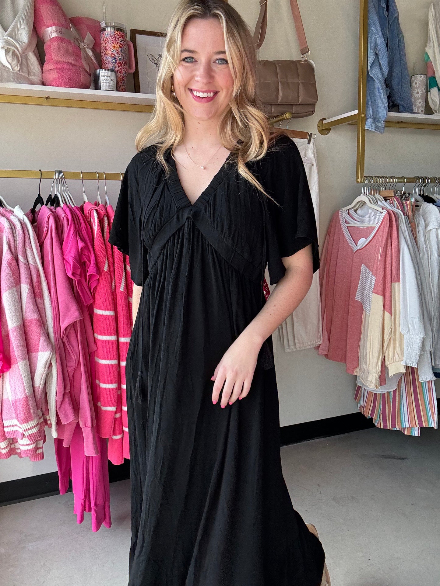 Black V Neck Flutter Maxi