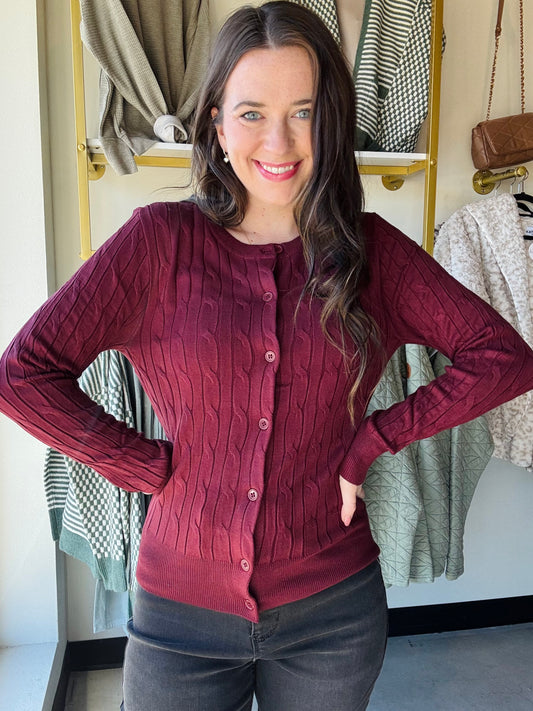 Burgundy Button Up Cable Knit Cardigan