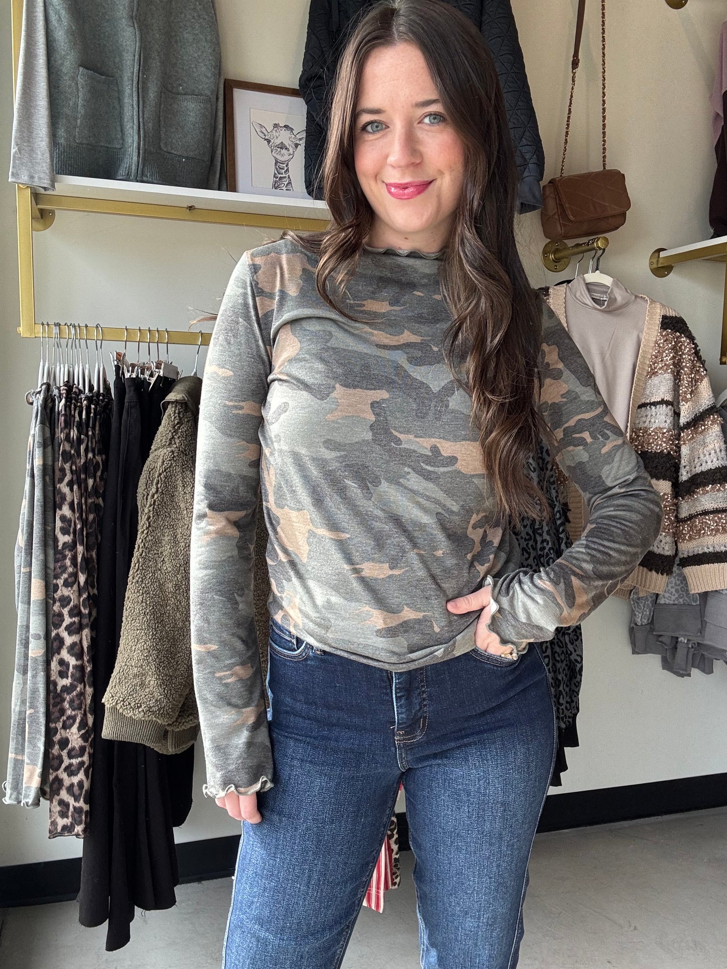 Camo Frilled Hem Top